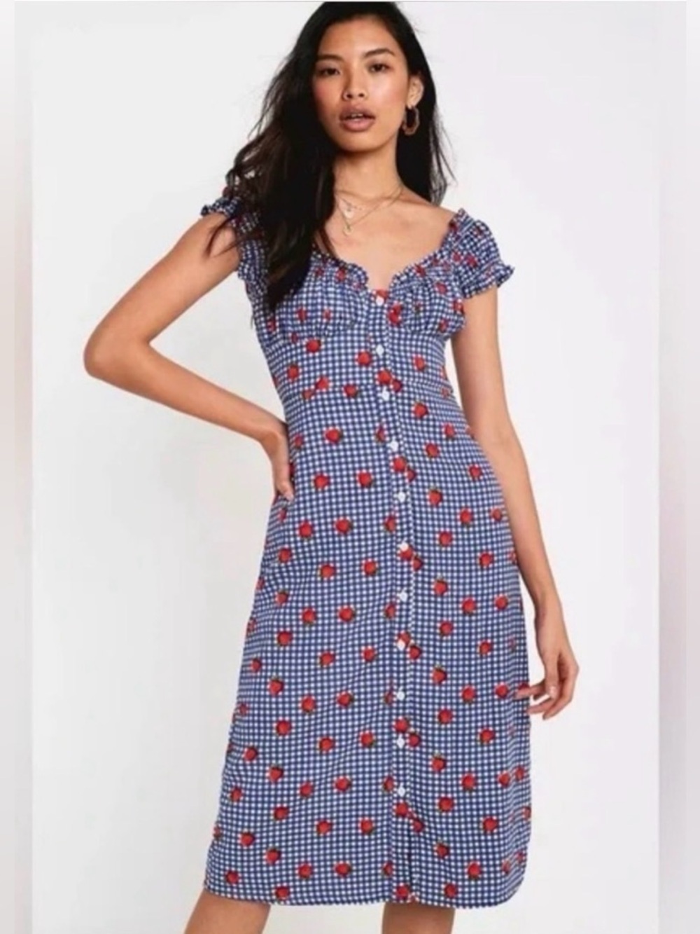 Urban Outfitters Penelope Strawberry Button Front Midi Dress Fits XS Gingham